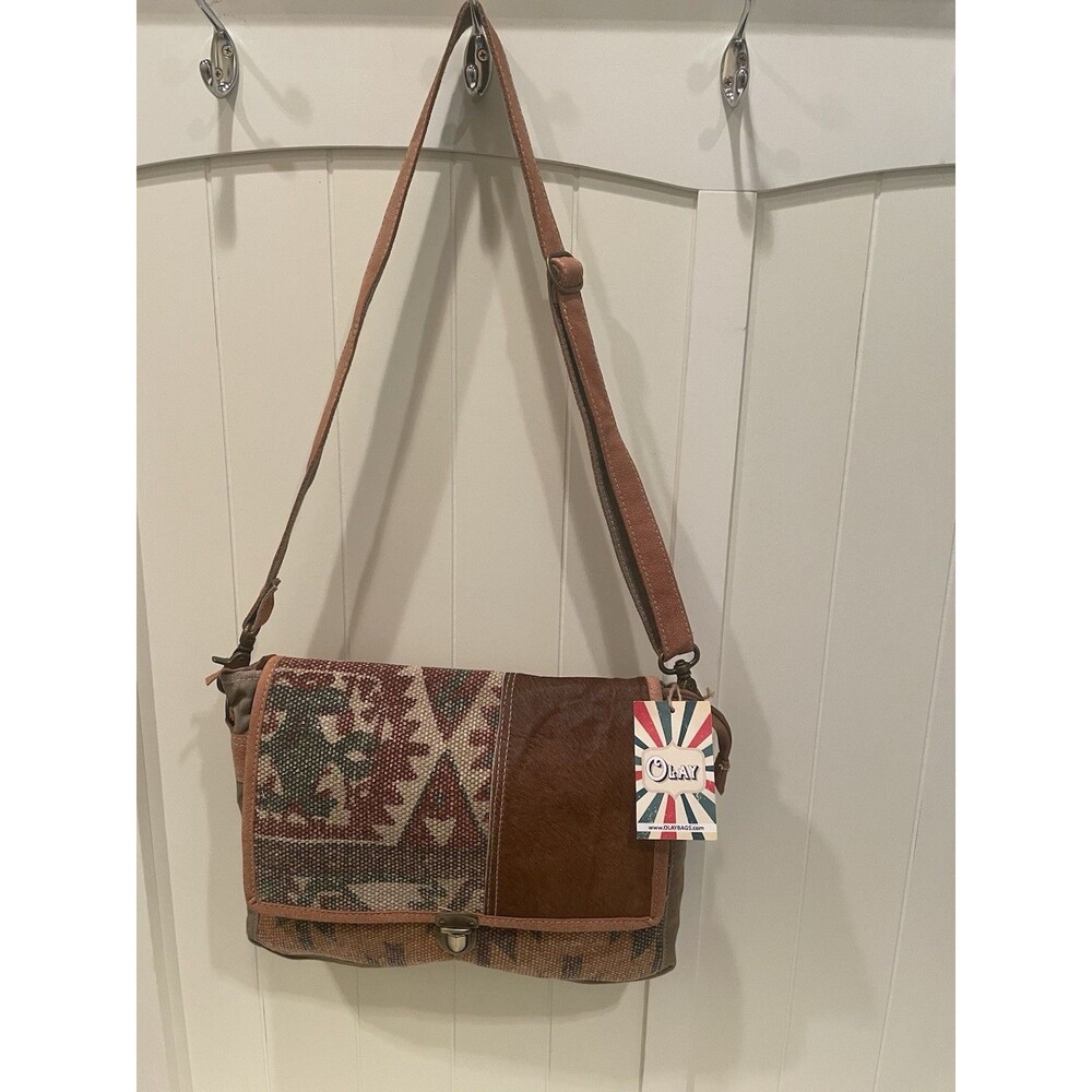 Olay Crossbody Bag New With Tags Western Cowboy Cowhide Leather Canvas Handmade